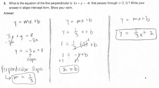 I need help! What is the equation of the line perpendicular to 3x + y = -8 that passes-example-1