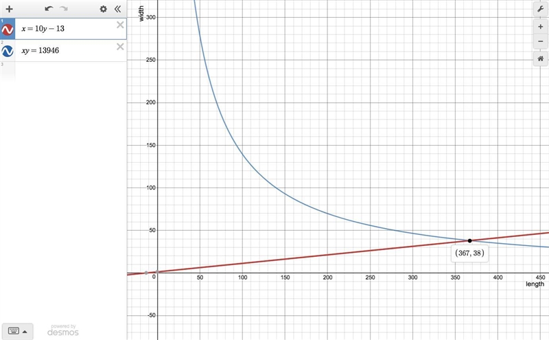 A rectangle has a length of 13 yards less than 10 times it’s width. If the area of-example-1