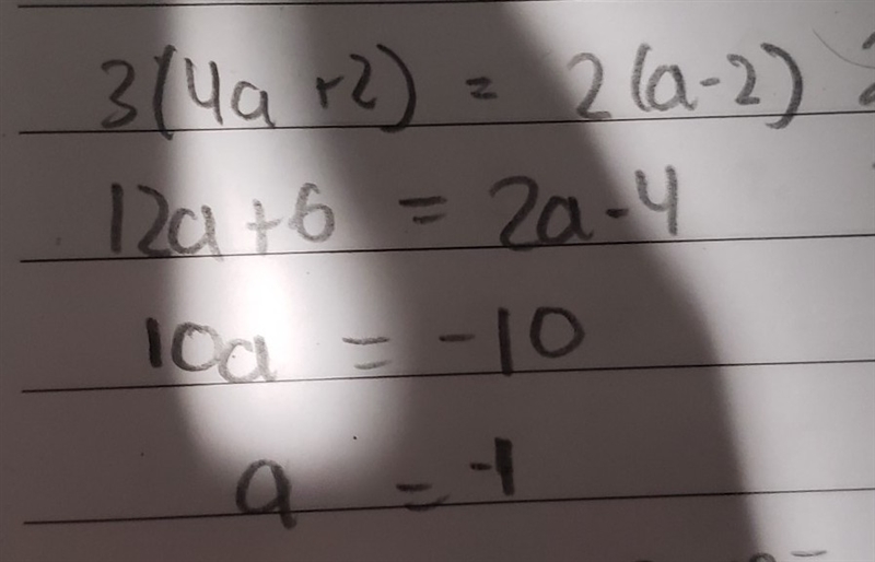 What is the solution of 3(4a + 2) = 2(a − 2)? A. -1 B. -0.4 C. 0.4 D. 1-example-1