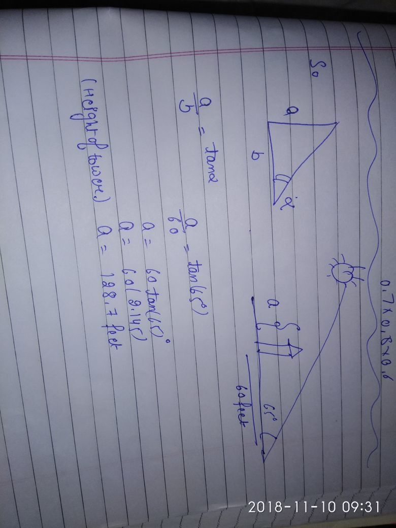 A tower casts a shadow that is 60 feet long when the angle of elevation of the sun-example-1