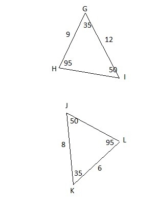 Are the two triangles below similar? (5 points) Triangles GHI and JKL are shown. Angle-example-1