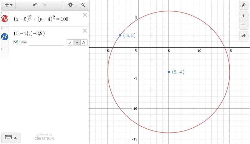 A circle is centered at the point (5, -4) and passes through the point (-3, 2). The-example-1