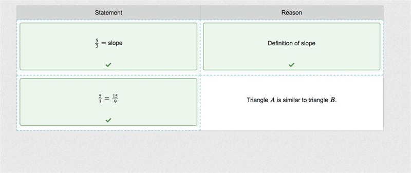 drag statements and reasons to each row to show why the slope of the line between-example-1