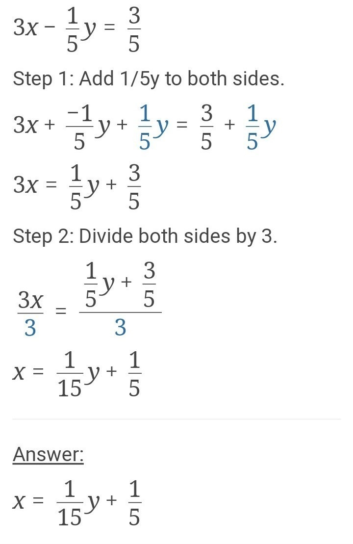 Solve the following system of equations 3x-1/5y=3/5 1/2x-1/3y=-17-example-2