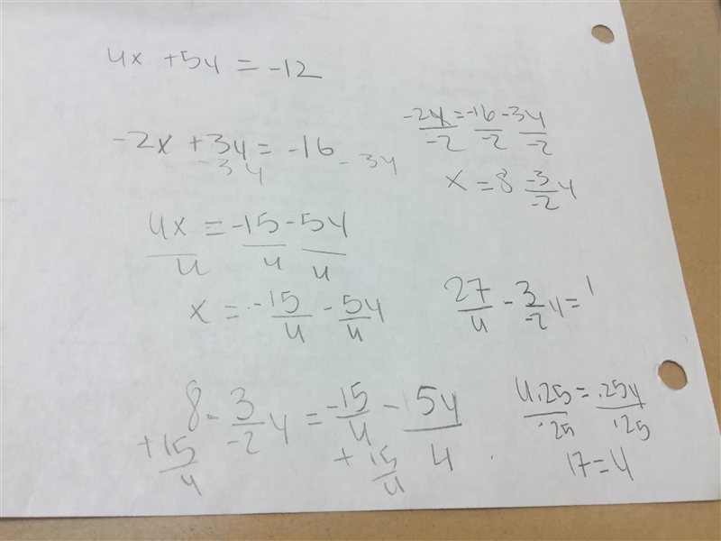 What is the y-value in the solution to this system of linear equations? 4x + 5y = −12 -2x-example-1