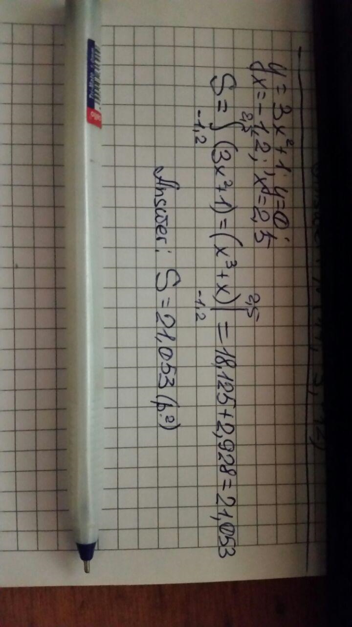 Find the area of the region bounded by the graphs of y = 3x 2 + 1, y = 0, x = −1.2, x-example-2