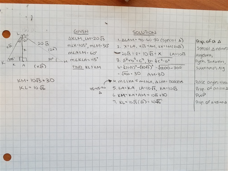 Given: △KLM, LM=20 3 m∠K=105°, m∠M=30° Find: KL and KM Could someone please explain-example-1