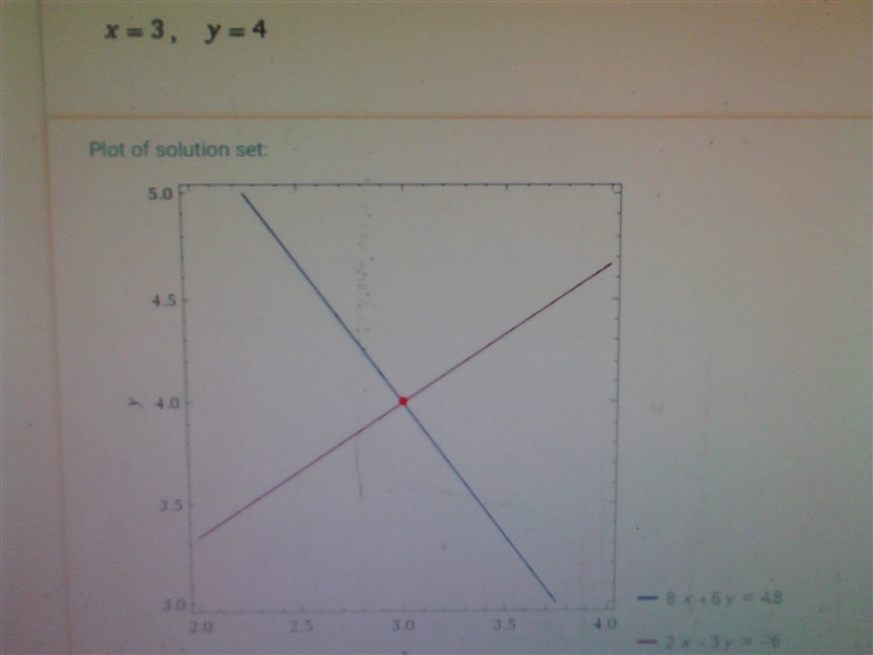 Graph the system of equations on graph paper. {8x+6y=482x−3y=−6 Which statements are-example-1