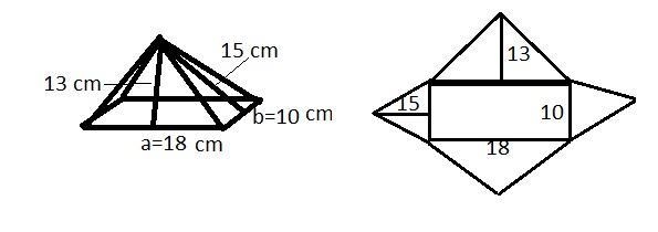 In a right rectangular pyramid with base edges a=18 cm and b=10 cm the slant height-example-1