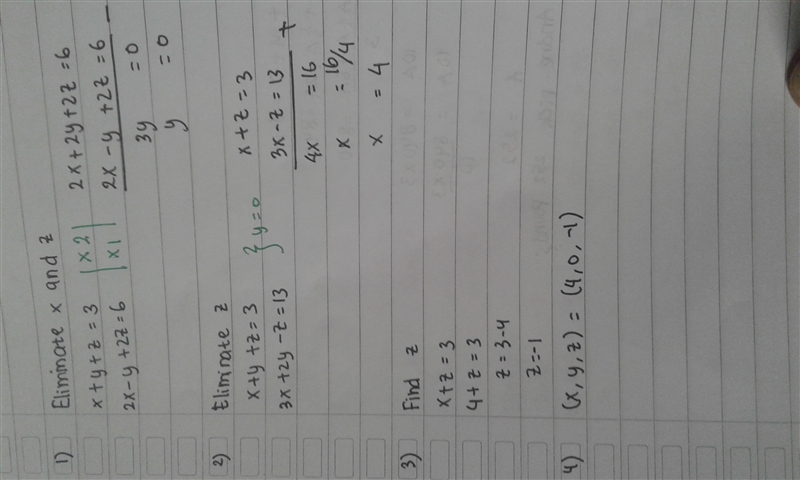 What is the solution to the system? x+y+z=3 2x-y+2z=6 3x+2y-z=13 (−2, −1, 3) (4, 0, −1) (−4, 0, 1) (0, 3, 5)-example-1