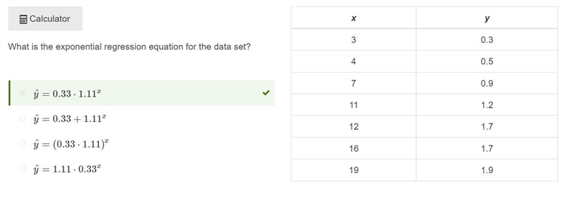 What is the exponential regression equation for the data set? yˆ=1.11·0.33x yˆ=0.33·1.11x-example-1