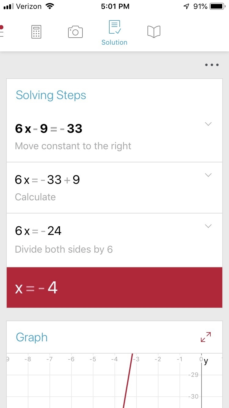 Solve the equation for x. 1 3 (6x − 9) = −33-example-1