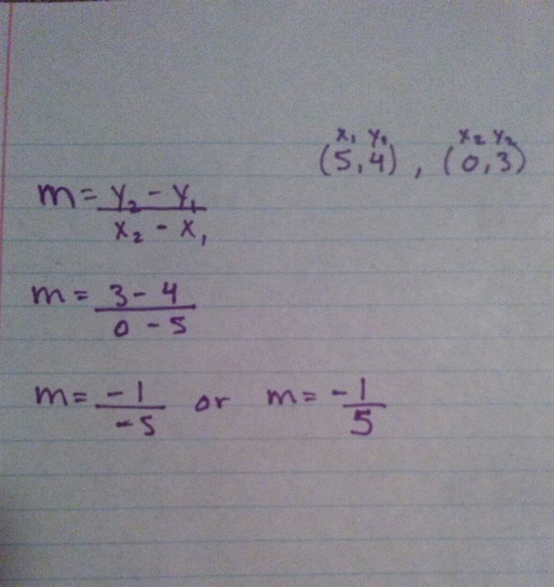 What is the Slop of the line passing through points A (5,4) and B (0,3)?-example-1