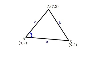 The vertices of a triangle ABC are A(7, 5), B(4, 2), and C(9, 2). What is measure-example-1