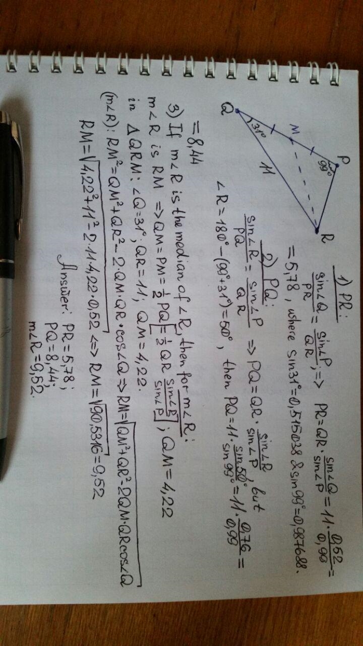 Determine the measures of all unknown angles and side lengths of ΔPQR. Round side-example-1