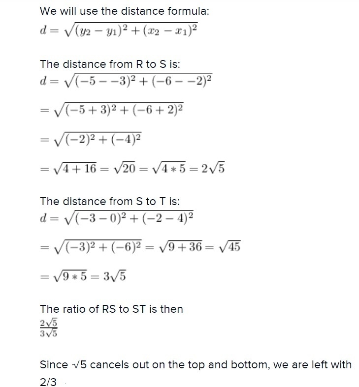 The cordinates of the endpoints of RT are R(-6,-5) and T(4,0), and point S is on RT-example-1