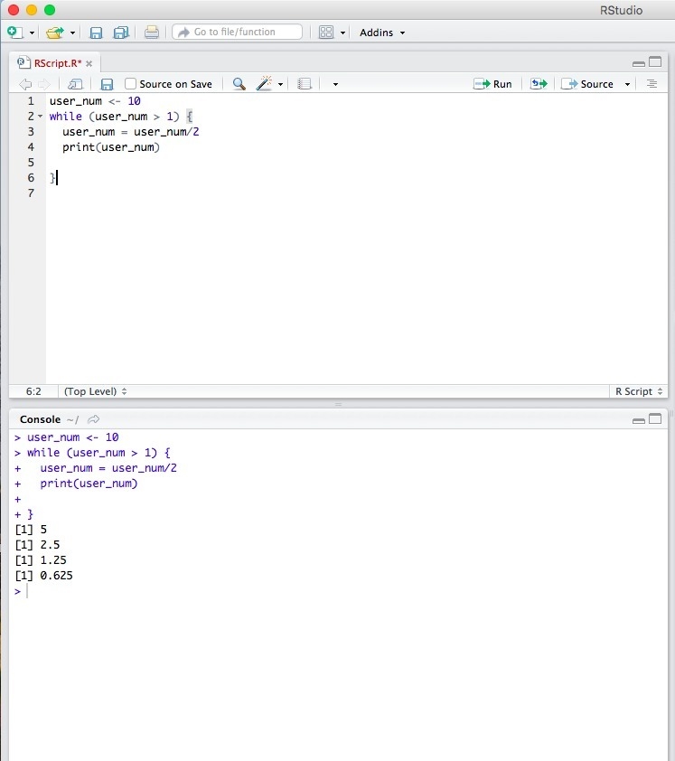 Write a while loop that prints user_num divided by 2 until user_num is less than 1. sample-example-1