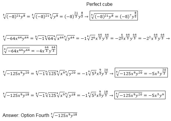 Which expression is a perfect cube? -8^21y^8 -64x^64y^64 -125x^9y^20 -126x^9y^18-example-1