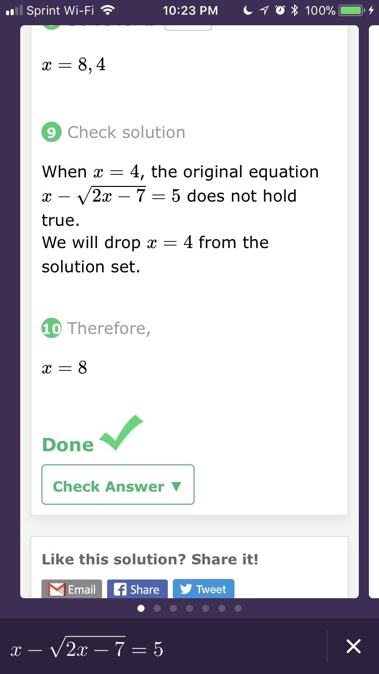 I need help solving this: x- √(2x-7) = 5-example-3