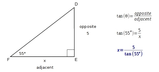 In △DEF, DE = 5 and m∠F=55. Find FE.-example-1