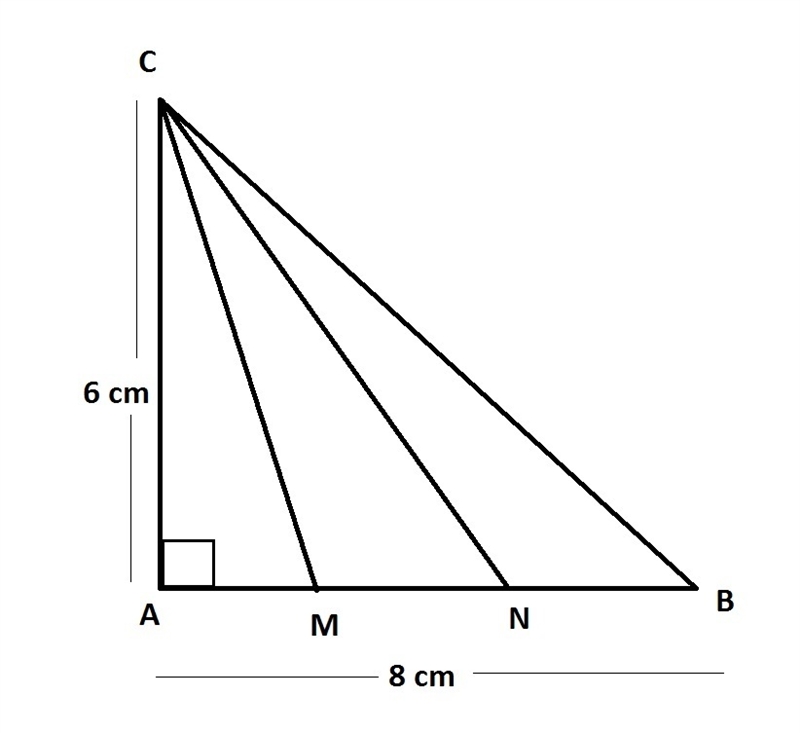 In the right triangle △ABC, leg AC=6 cm and leg BC=8 cm. Point M and N belong to AB-example-1