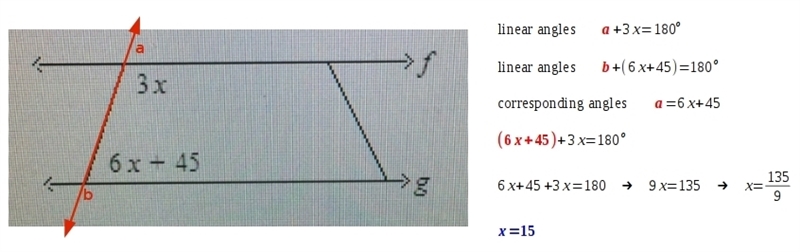 Given the line F is parallel to line g find the value of X. The diagram is not a scale-example-1