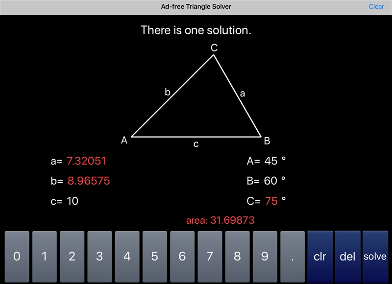 A triangle has side cequals=1010 and angles aequals=startfraction pi over 4 endfraction-example-1