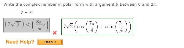 Write the complex number in polar form with argument θ between 0 and 2π. −7 + 7i-example-1