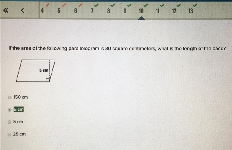 If the area of the following parallelogram is 30 square centimeters, what is the length-example-1