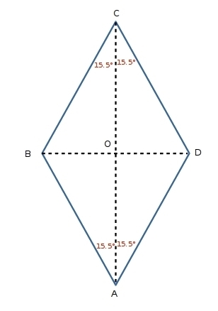 In a rhombus ABCD, m∠A = 31°. Point O is a point of intersection of diagonals. Find-example-1