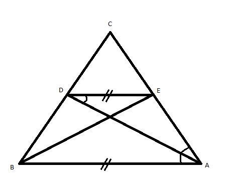 In ΔABC, AD and BE are the angle bisectors of ∠A and ∠B and DE ║ AB . If m∠ADE is-example-1