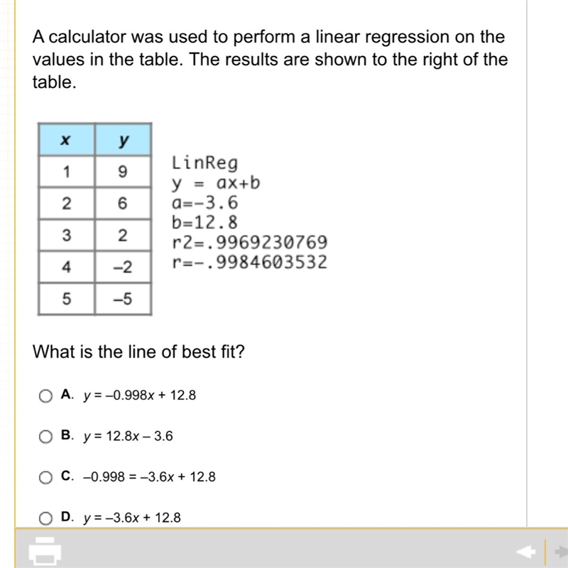 A calculator was used to perform a linear regression on the values in the table. The-example-1