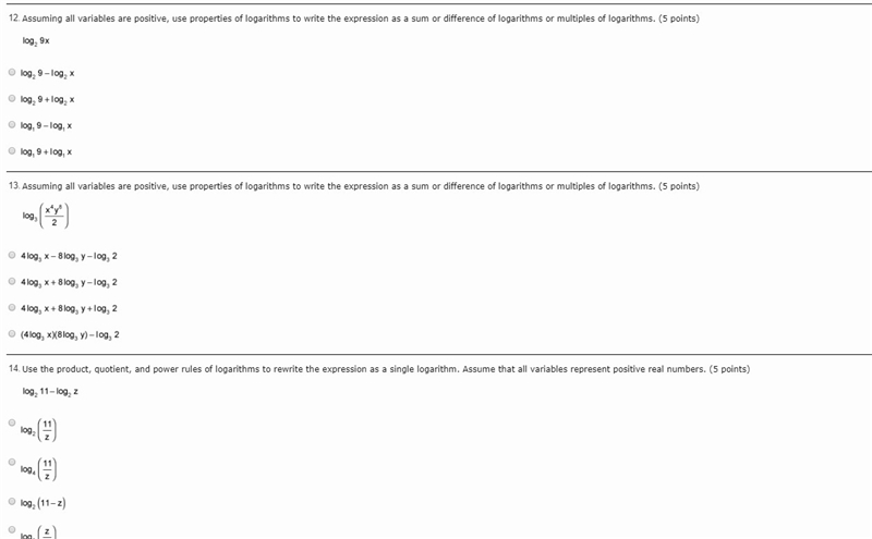 [HELP PLEASE] 12, 13, 14 the last answer on 14 is log2 z over 11-example-1