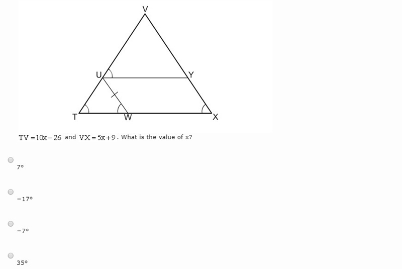 Tv=10x-26 and vx =5x+9 what is the value of x-example-1