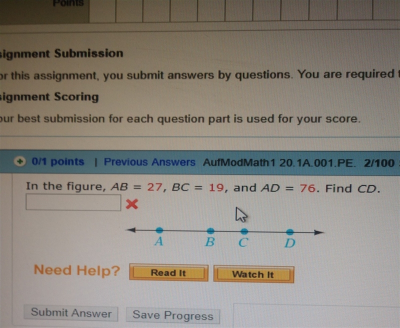 In the figure a b equals 27 B C equals 19 and AD equals 76 find CD-example-1