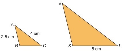 The triangles are isosceles and ΔABC : ΔJKL. What is the length of J-L? 5 cm 7.5 cm-example-1