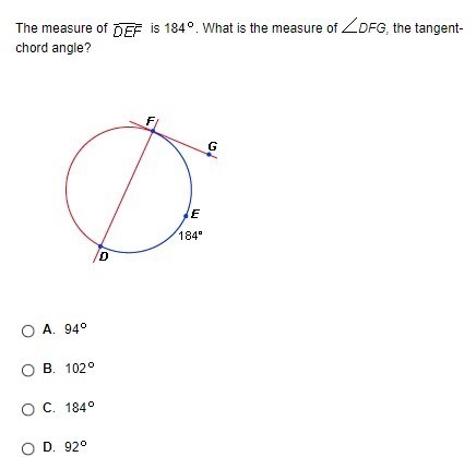 The measure of DEF is 184. What is the measure of DFG, the tangent-chord angle?-example-1