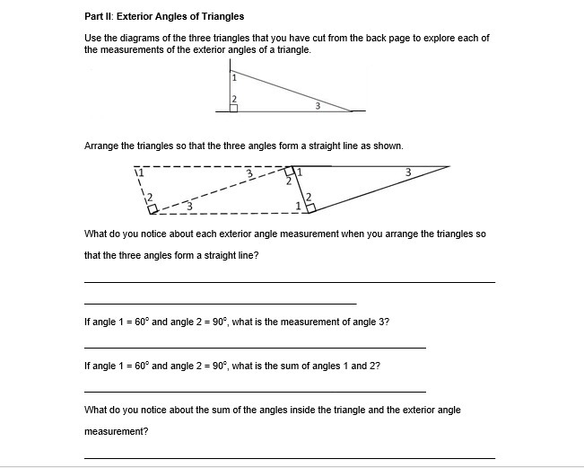 A. What do you notice about each exterior angle measurement when you arrange the triangles-example-1