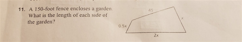 A 150 foot fence encloses a garden. What is the length of each side of the garden-example-1