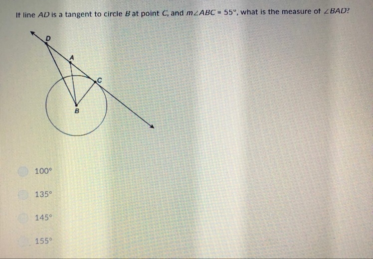 If line AD is a tangent to circle B at point C, and m ABC = 55°, what is the measure-example-1