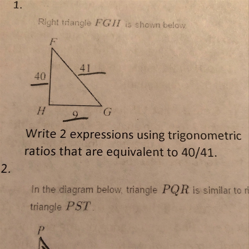 Write 2 expressions using trigonometric ratios that are equivalent to 40/41.-example-1