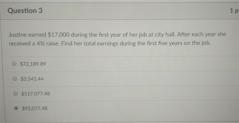 Justine earned $17,000 during the first year of her job at City Hall. after each year-example-1