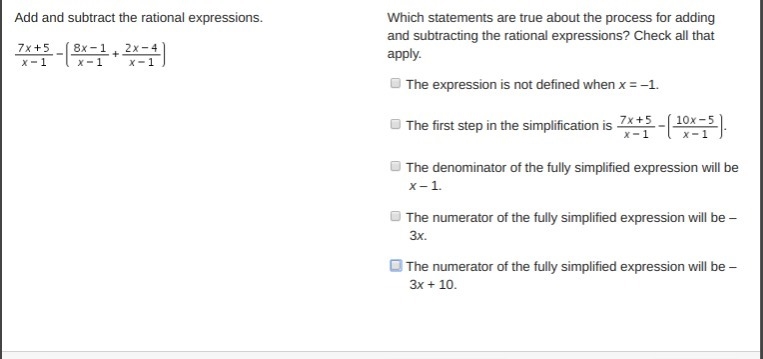 Which statements are true about the process for adding and subtracting the rational-example-1