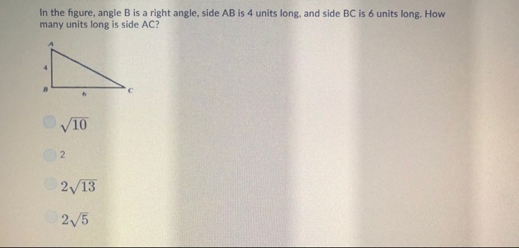 In the figure angle B is a right angle, side AB is 4 units long, and side BC is 6 units-example-1