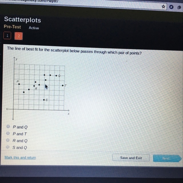 The line of best fit for the scatter plot below passes through which pair of points-example-1