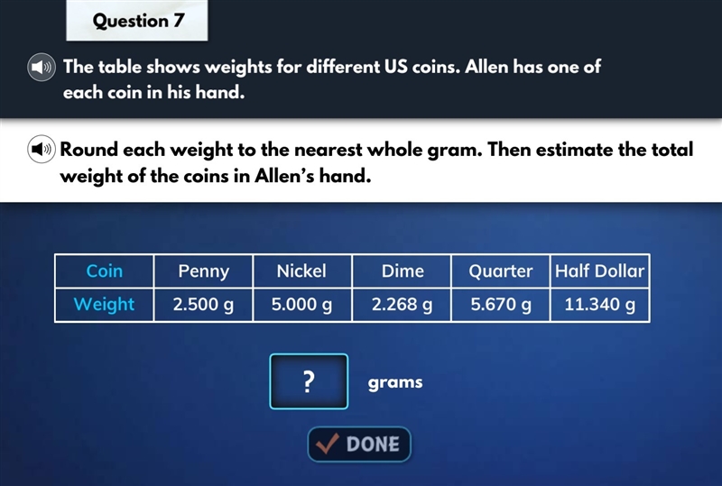 The table shows weights for different US coins. Allen has one of each coin in his-example-1