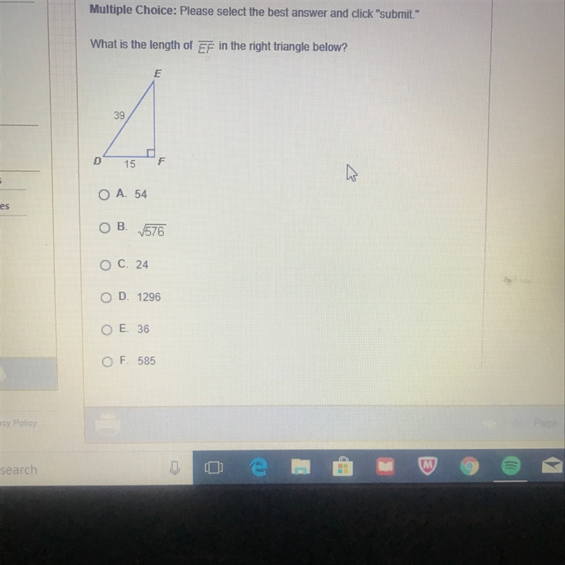 What is the length of EF in the right triangle below-example-1