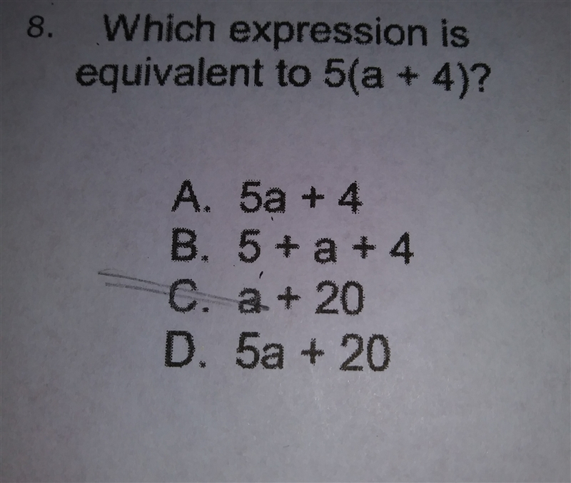 Which expression is equivalent to 5(a+4)?-example-1