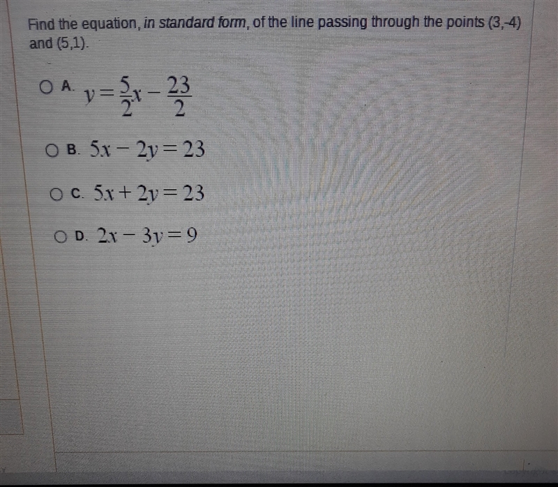 PLEASE HELP!!! Find the equation , in the standard form of the line passing through-example-1