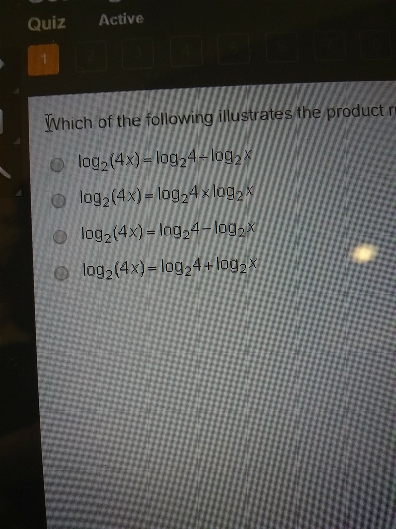 Which of the following illustration the product rule for logarithms equations?-example-1